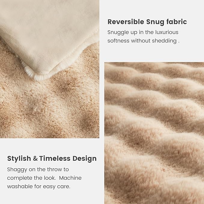 Cozy Bliss Faux Fur Throw Blanket for Couch, Bubble Plush Blanket Queen Size, Fuzzy Soft & Thick Blanket for Bed Sofa Living Room, 90x90 Inches Beige