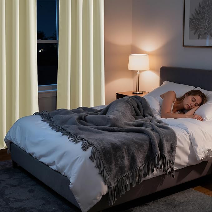 RYB HOME Bedroom Blackout Curtains 63 inches Long, 100% Blackout Thermal Insulated Noise Reducing Curtains for Living Room Nursury, 34 inches Wide by 63 inches Long, Beige