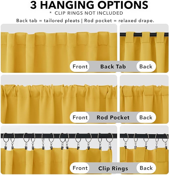 Deconovo Blackout Curtains, Thermal Insulated, W52 x L45 2 Panels, Back Tab, Machine Washable, Room-Darkening Drapes for Bedroom/Living Room Mellow Yellow