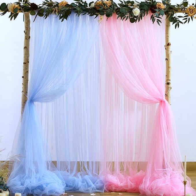 Pink and Blue Tulle Backdrop Curtains for Gender Reveal Girl and Boy Party Sheer Backdrop Drapes for Baby Shower Birthday Party Photoshoot Background Decorations 2 Panels 5ft X 10 ft