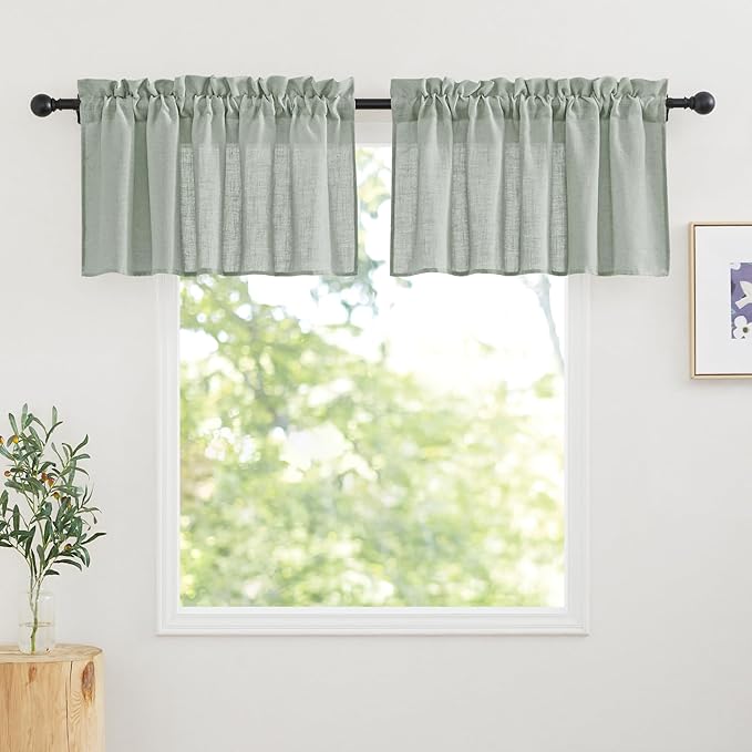 RYB HOME Semi Sheer Valances - Linen Textured Sheer Curtains Small Window Tiers Farmhouse Decor for Kitchen Bathroom Cafe Bedroom, Sage Green, Wide 52 x Long 18 inch, 2 Panels