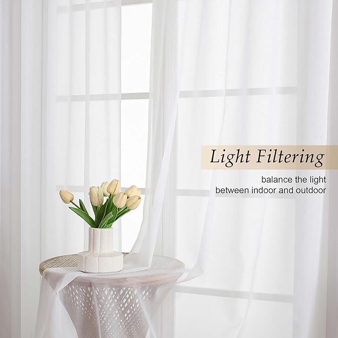 White Sheer Curtains for Bedroom Living Room 96 Inches Long 2 Panels, Modern Airy Soft Lightweight Rod Pocket Light Filtering Sheer Curtains Drapes, White, Each 59" Wx96 L Inch