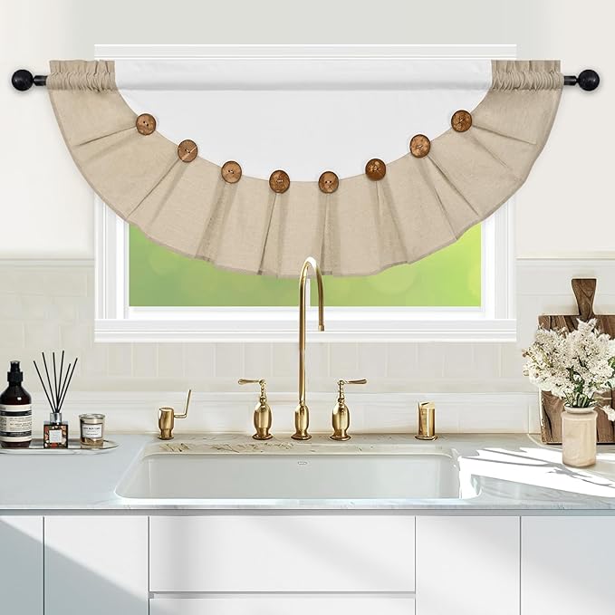 FRAMICS Farmhouse Valance Curtains, Boho Cotton Linen Kitchen Valance, Rustic Button Window Valance, Country Rod Pocket Valances for Windows Bedroom, Semi-Circular, White and Linen, 52 x 18 Inch