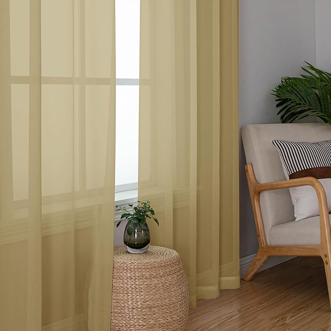 OWENIE Gold Sheer Curtains 78 Inch Length 2 Panels Set, Light Filtering Voile Fimly Sheer Drapes for Living Room/Bedroom, 2pcs, Gold Solid Rod Pocket Sheer Curtains, Each 42" W x 78" L