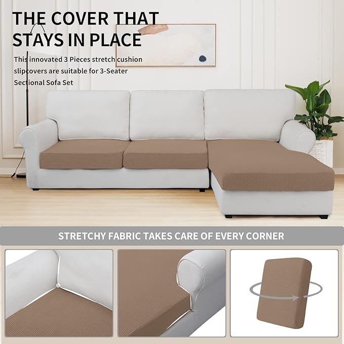 Easy-Going Stretch 3 Pieces Couch Cushion Covers for Sectional Sofa Left/Right L Shape Chaise Lounge Sofa Seat slipcover Anti-Slip Sofa Cover Soft (2 Seater + 1 Chaise, Camel)