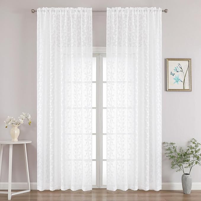 Chyhomenyc White Sheer Curtains 96 Inch Length 2 Panels Set, Light Filtering Tufted Textured Soft Airy Rod Pocket Gentle Leaf Window Treatment Drapes for Bedroom Living Room, 52" Wx96 L, 2PCS