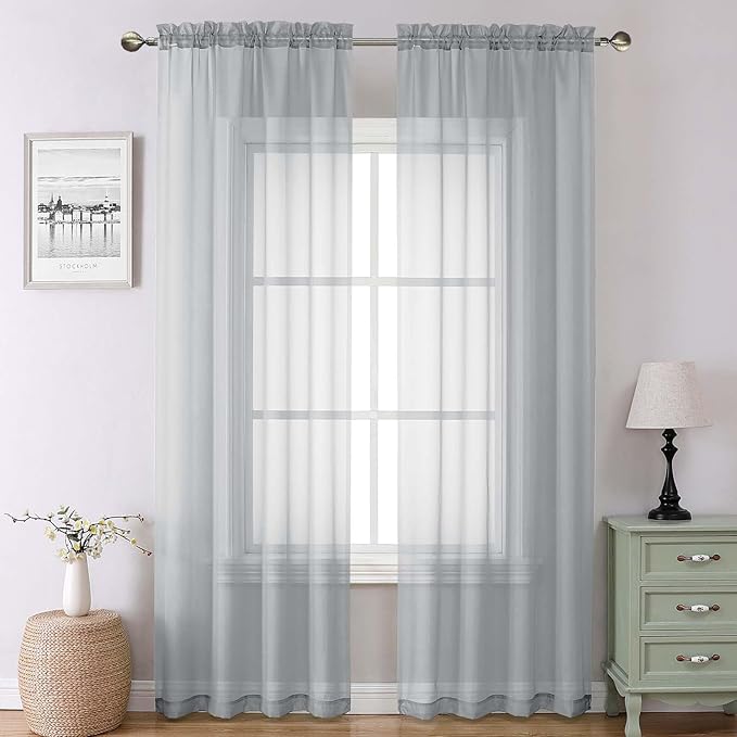 Lecloud Light Grey Sheer Curtains 90 Inches Long 2 Panels, Light Filtering Voile Airy Curtains, Elegant Transparent Solid Window Treatments with Rod Pocket for Living Room Bedroom, Each 42" W x 90" L