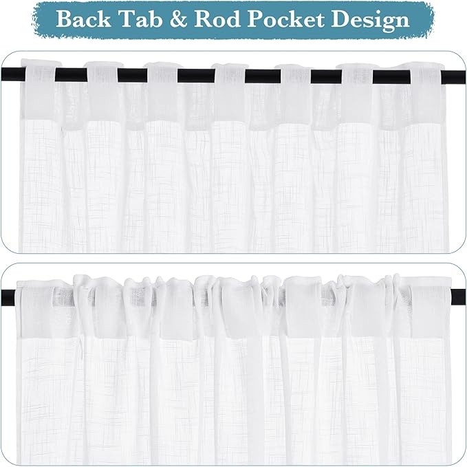 RYB HOME Semi Sheer Curtains - Semitransparent Privacy Protected Natural Light Through Texture Drapes for Bedroom Open House Decor, Width 52 x Length 63 inches, White, 2 Panels
