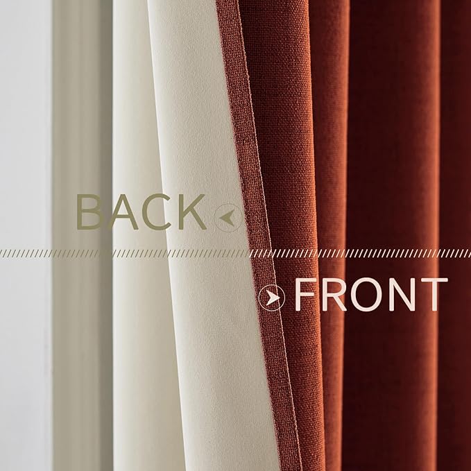 MIULEE 100% Blackout Linen Curtains for Bedroom Thermal Insulated Burnt Orange Grommet Room Darkening Curtains & Drapes Rust Terracotta Fall Decor for Living Room Nursery 52 x 84 Inch (2 Panels)
