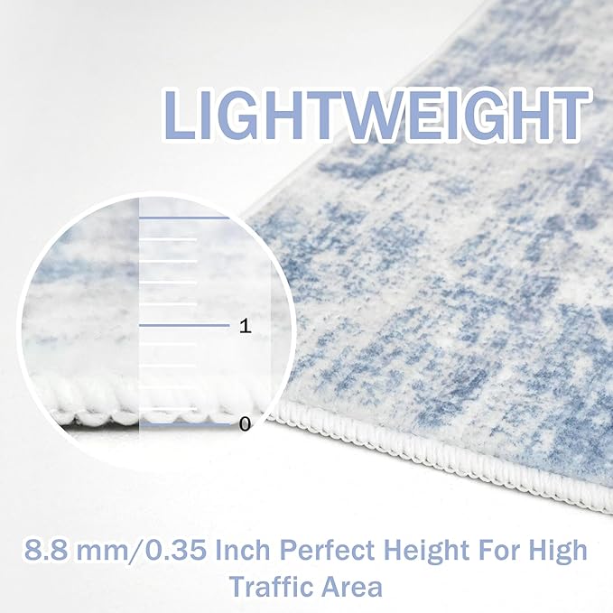 IOHOUZE Abstract Runner Rug 2x12 Ft Washable Runners for Hallways, Non Slip Kitchen Runner Printed Faux Wool Entryway Runner Indoor, Modern Abstract Floor Carpet for Hall Kitchen, Light Blue Grey