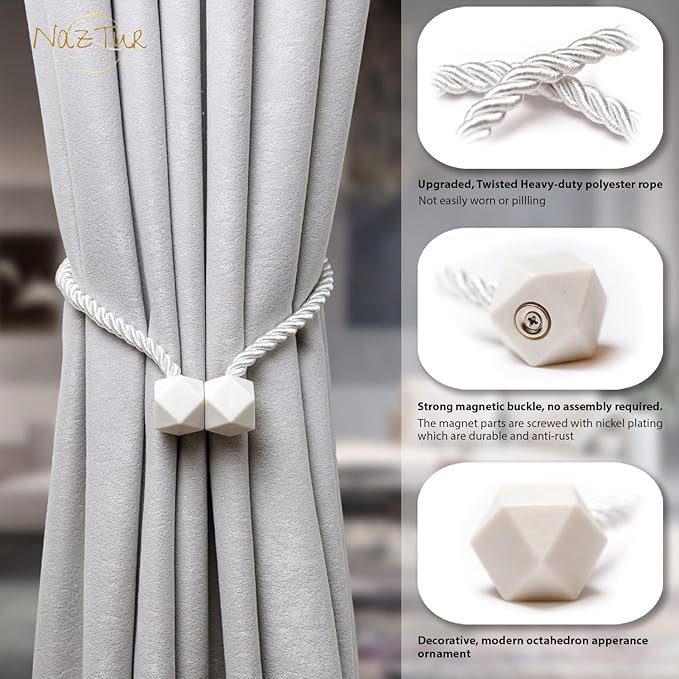 NazTur Magnetic Curtain Tiebacks- Upgrade 2022 with a Thicker Twist Rope & Strong Magnet Tieback Window Treatment Holdbacks Draperies Holders Decorative Drape Handmade Tie Back (White, 2)