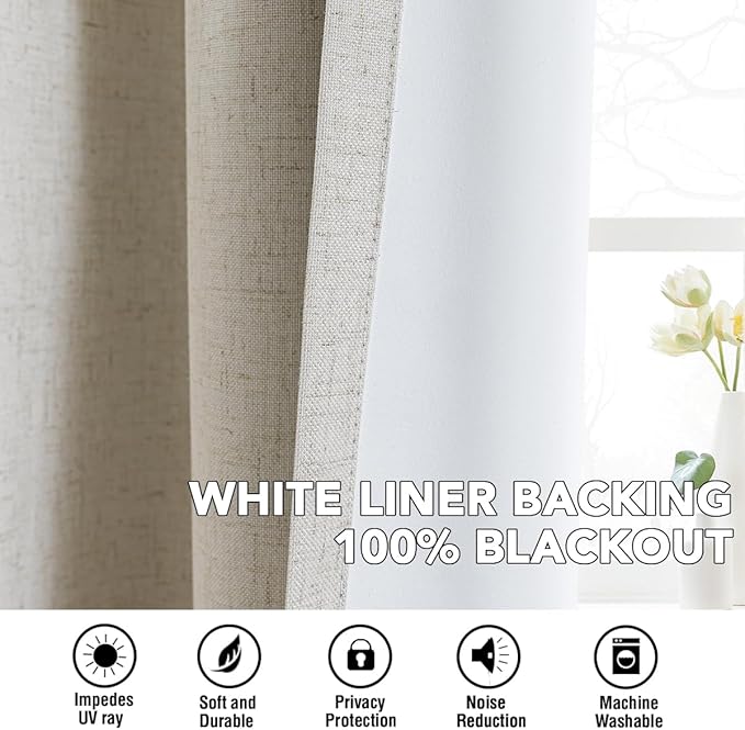 H.VERSAILTEX Linen Curtains 100% Blackout Curtains for Bedroom 108 inch Long Full Light Blocking Nature Linen Blended Window Curtains for Living Room Nickel Grommet (2 Panels, Heathered Linen)