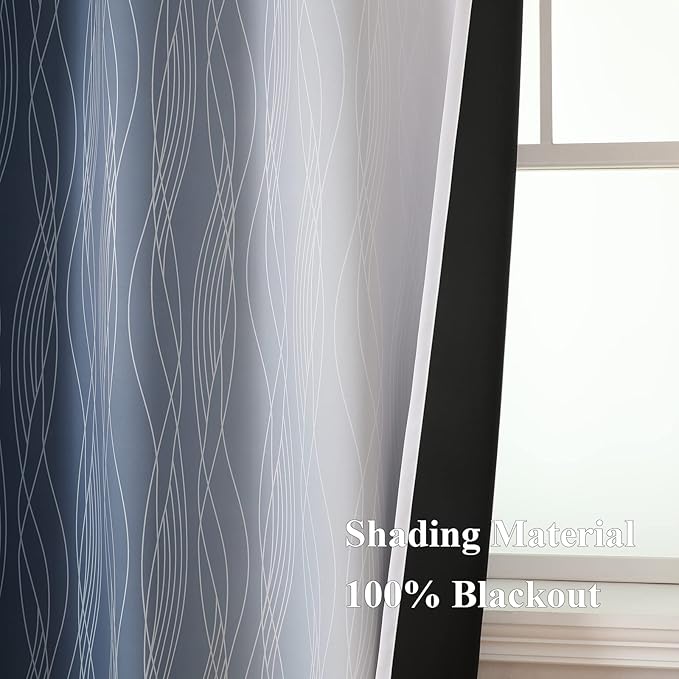 Estelar Textiler Grayish White and Navy Blue Blackout Curtains for Living Room, Ombre Thermal Insulated Noise Reducing Blackout Drapes for Bedroom, Room Darkening Grommet Curtains, 42Wx63L, 2 Panels