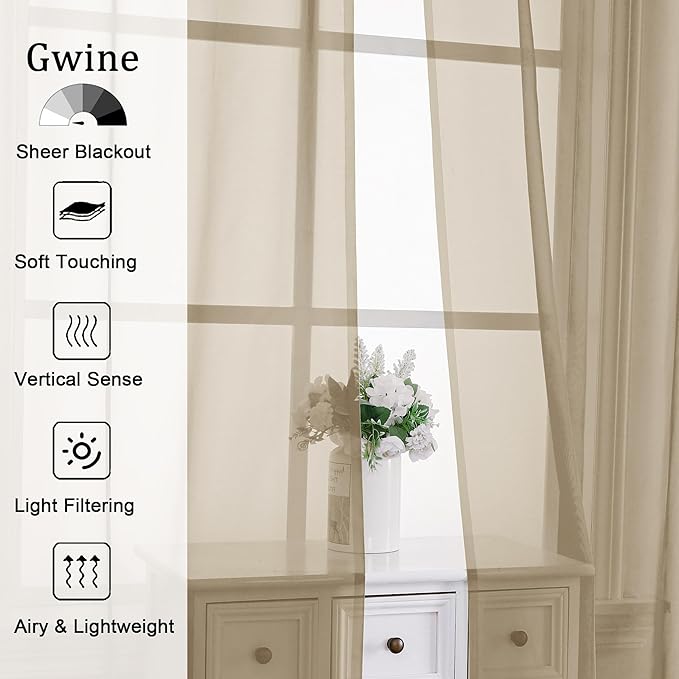 Gwine Taupe Sheer Curtains 72 Inches Long 2 Panels Set for Front Door, Light Filtering Sheer Curtains for Living Room, Rod Pocket Window Treatments Drapes, Each 42" Wx72 L
