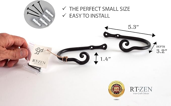 RTZEN Decorative Metal Curtain Tiebacks - Farmhouse Wrought Iron Curtain Holdbacks - Drapery Holders for Wall - Unique Metal Tie Backs for Curtains - 2 Pcs (Black Classic)