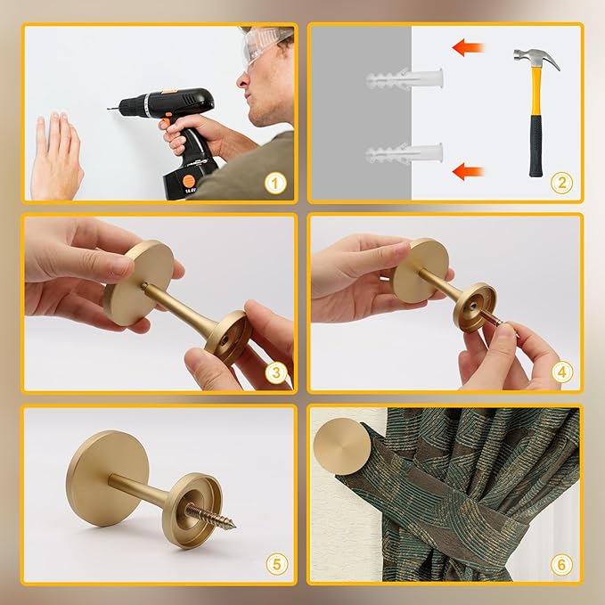 Curtain Tiebacks 2 Pack Curtain Holdbacks Zinc Alloy Curtain Tiebacks Wall Mounted with Screws, Decorative Curtain Holders for Drapes Stylish Gold Curtain Tieback Hooks for Home Office