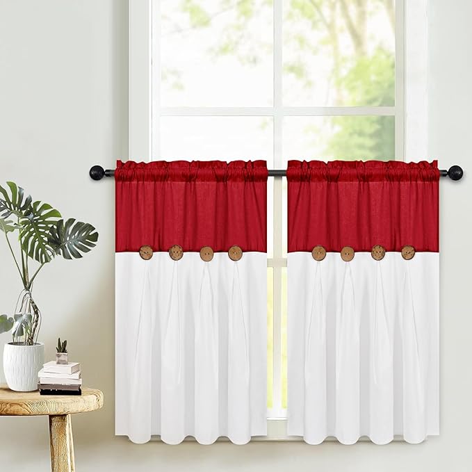 FRAMICS Farmhosue Kitchen Curtains 36 Inch Length, Rustic Cotton Linen Tier Curtains, Boho Button Short Curtain for Windows, Rod Pocket Small Window Curtain, Red and White, 26x36