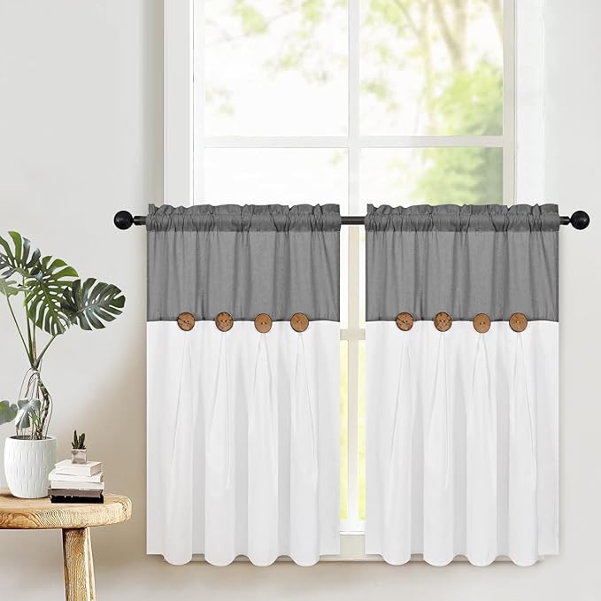 Boho Kitchen Curtains 36 Inch Length, Farmhouse Cotton Linen Tier Curtains, Rustic Button Short Curtains for Windows, Grey Country Cafe Curtains, Rod Pocket Small Window Curtains for Kitchen, 26x36
