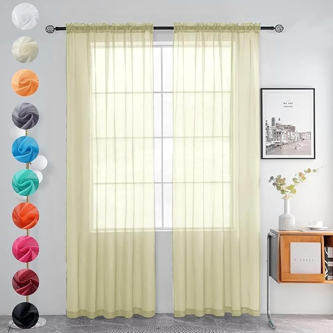 youleyar Solid Sheer Rod Pocket Curtain Voile Draperies 2 Panels White Beige Black Grey Ivory 52 Inch Width 54 Inch Long 1 Pair for Kitchen Bedroom Children Living Room Yard (Sage Green,52Wｘ54L)