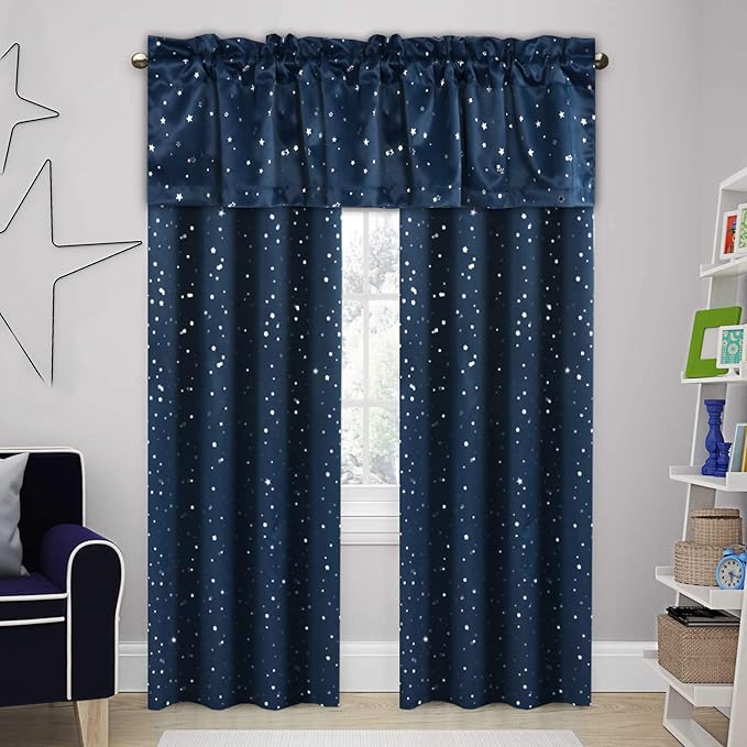 H.VERSAILTEX Blackout Curtain Valances for Kitchen Window/Living Room/Bathroom Privacy Added Rod Pocket Home Decoration Winow Valance, 52" W x 18" L, Glitter Stars in Navy Base (Pack of 4)