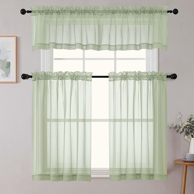 Light Green Kitchen Curtains 30 Inch Length Tier 2 PCS, Solid Soft Airy Half Curtains for Windows, Sheer Rod Pocket Drapes for Bathroom Basement Small Window, Light Green, 42" Wx30 L Inches