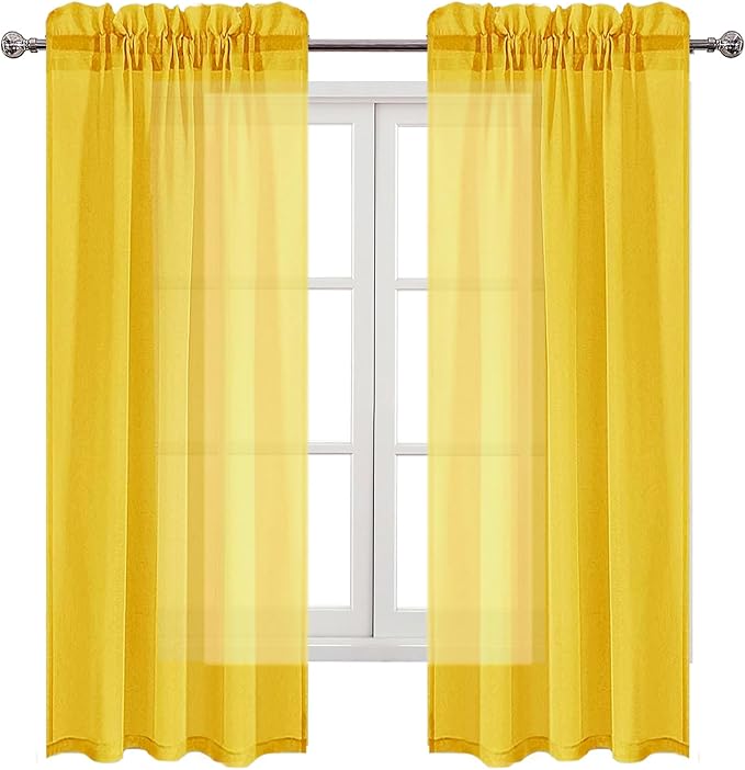 DWCN Yellow Sheer Curtains Semi Transparent Voile Rod Pocket Curtains for Bedroom and Living Room, 42 x 63 inches Long, Set of 2 Panels