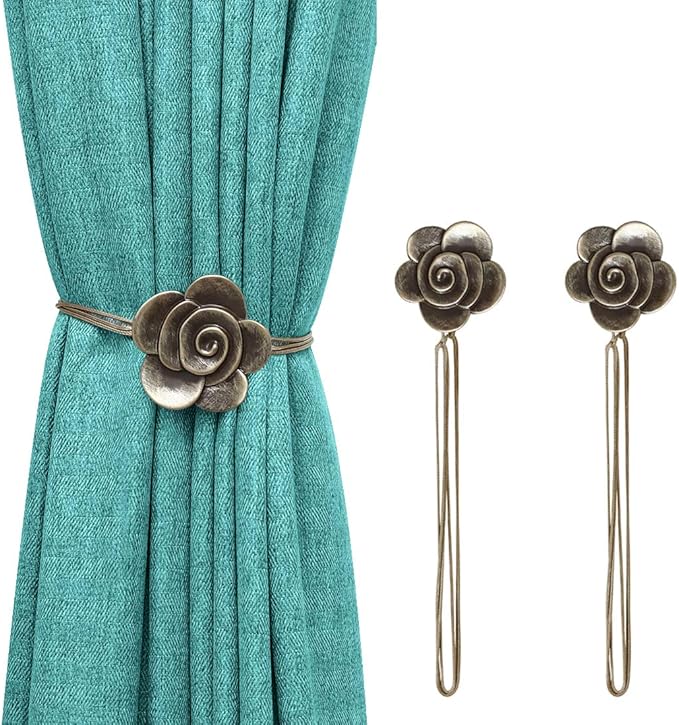 Lewondr Magnetic Curtain Tiebacks, Vintage Curtain Holdbacks, Resin Flower Curtain Ties with Rope Drapery Retro Window Curtain Decorative Buckle Holder for Outdoor, Home, and Cafe Balcony - Bronze