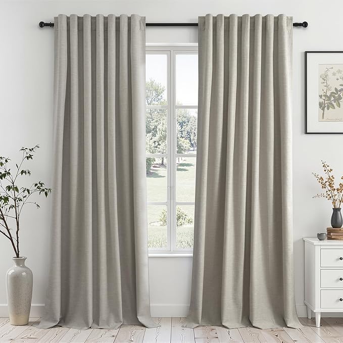 Topfinel 92 Inch Linen 100% Blackout Curtains 2 Panels for Living Room Bedroom Thermal Insulated Total Black Out Linen Drapes with Back Tab Room Darkening Flax Grey Window Curtains 92 inches Long