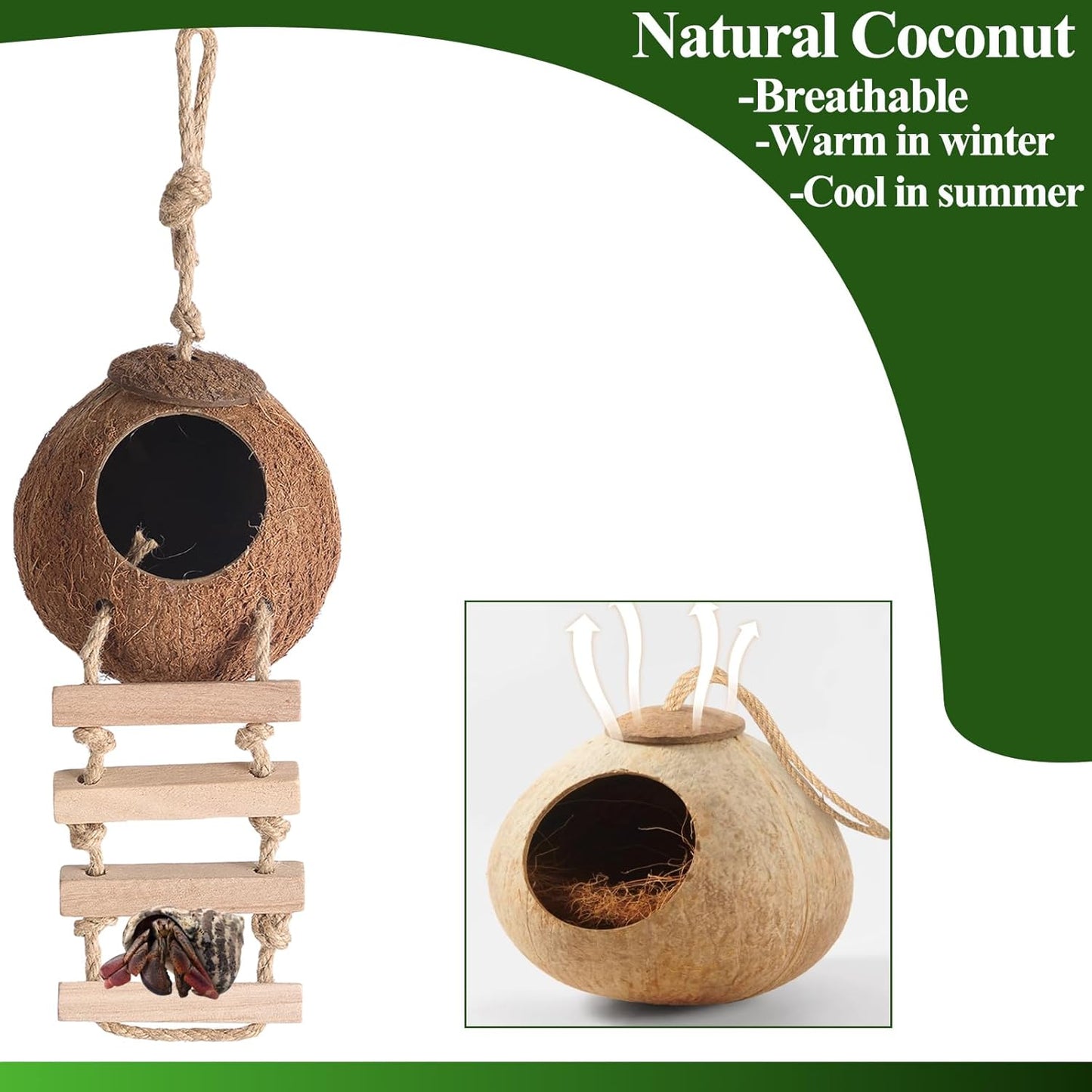 HERCOCCI Gecko Tank Accessories, Hermit Crab Toys Coconut Shell Natural Coconut Husk Hut with Climbing Ladder with Suction Cup for Leopard Gecko Snake Reptiles