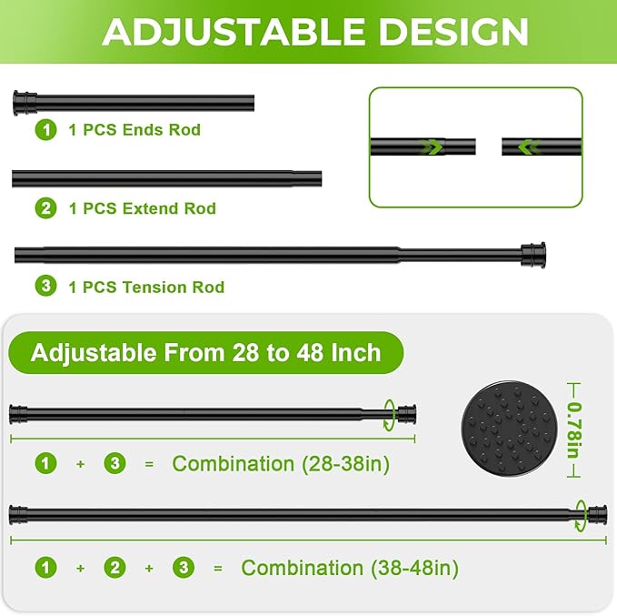 Spring Tension Rods 28-48 Inches No Drill Tension Curtain Rods Black Spring Loaded Curtain Rods Adjustable Small Short Tension Curtain Rod for Window,Kitchen,Doorway,Cupboard,Wardrobe