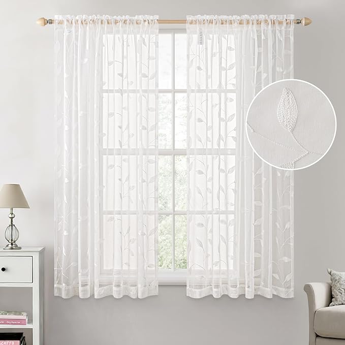 MIULEE White Sheer Curtains 2 Panels Embroidered Leaf Patterned Rod Pocket Floral Semi Sheer Faux Linen Window Curtains Drapes Set for Living Room Bedroom Dining Room, 52x63 Inches Length