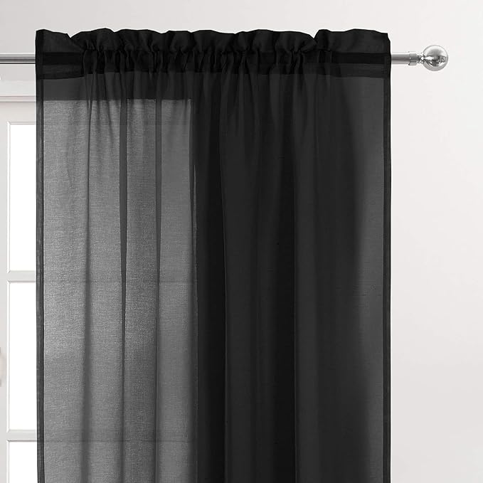 DWCN Black Sheer Curtains Semi Transparent Voile Rod Pocket Curtains for Bedroom and Living Room, 52 x 108 inches Long, Set of 2 Panels