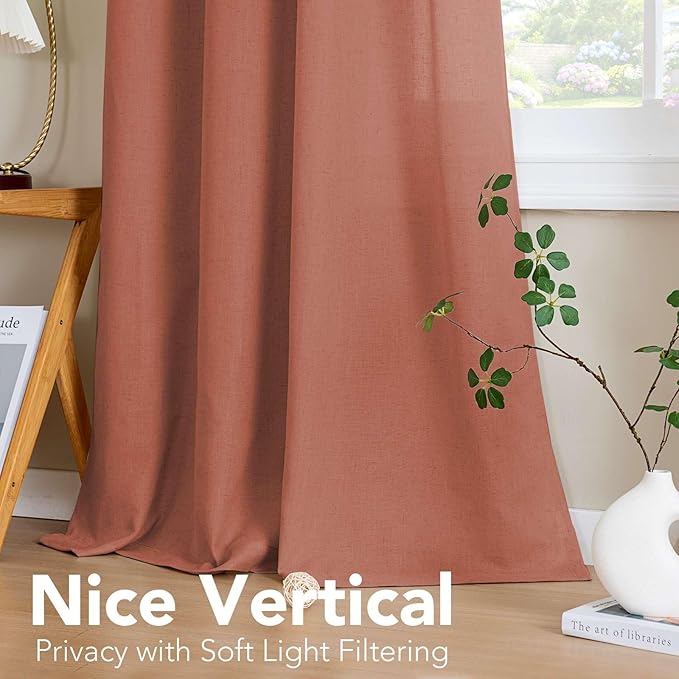 H.VERSAILTEX Linen Curtains Home Decorative Nickel Grommet Curtains Privacy Added Energy Saving Light Filtering Window Treatments Semi Sheer Draperies for Bedroom, Terracotta, 2 Panels, 52 x 84 - Inch