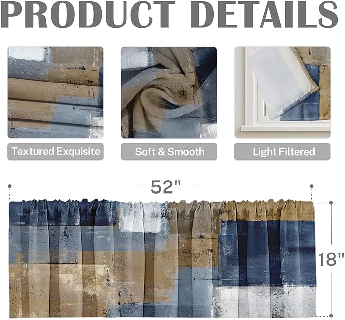 Emvency 4 Pack Valances Window Treatments, Abstract Modern Grey Brown Rustic Drapes Adjustable Curtain for Windows Living Room Kitchen Over Sink, 52x18 Inch Rod Pocket Valances