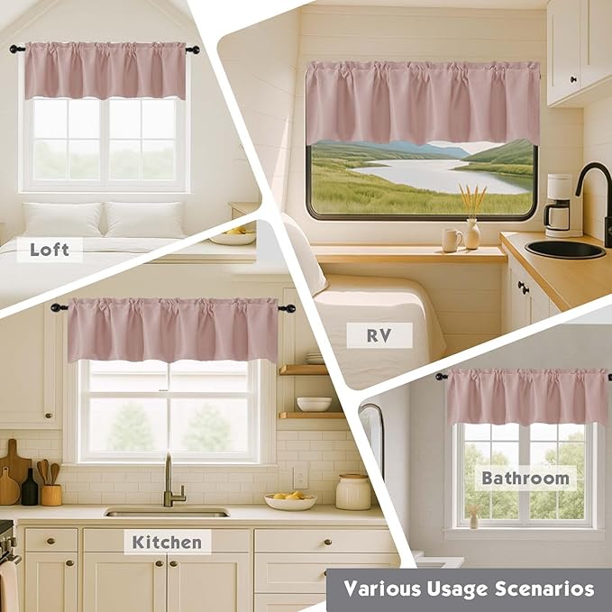 Chyhomenyc Blush Pink Valances for Windows, Short Window Valance Curtains for Living Room Bedroom Bathroom, Room Darkening Solid Privacy Small Kitchen Valances, 60Wx16L, 2 Pack