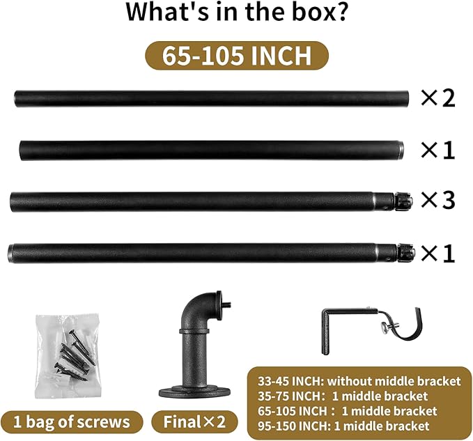 Industrial Curtain Rods for Windows 48 to 84 Inches, Blackout Wrap Around Curtain Rod, for Indoor and Outdoor, 7/8 Inch Diameter, 65 to 105 Inches, Black