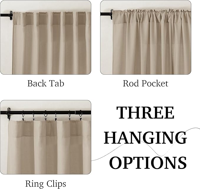 RYB HOME Guaze Burlap Curtains 95 inches Long, Large Window Treatment Back Tab Thick Linen Texture Fabric Privacy Added Drapery for Sliding Glass Door, Taupe, W 52 x L 95 inches, 2 Panels Set