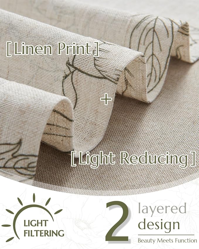 jinchan Linen Floral Valance Curtain for Kitchen Green Flower on Beige for Windows Room Darkening Farmhouse Valance Double Layer Window Treatment Decoration 1 Panel Rod Pocket 16 Inch