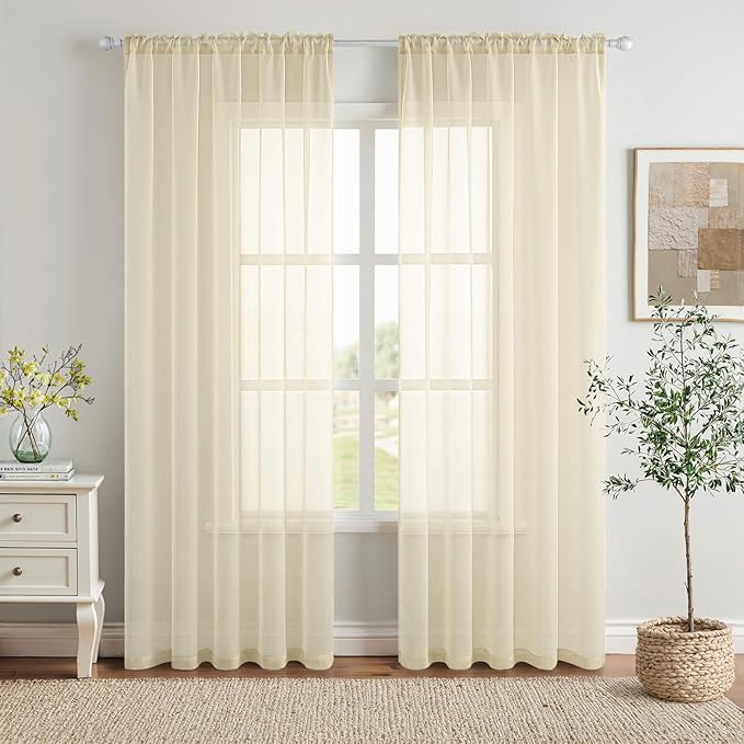 MIULEE Light Cream Sheer Curtains 90 inches Long Window Curtains 2 Panels Solid Color Elegant Window Voile Panels/Drapes/Treatment for Bedroom Living Room (54X90 Inches Light Cream)