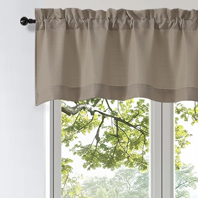 OWENIE Bob Valance Curtains 18 Inch Length 1 Piece, Faux Linen Slub Solid Stone Kitchen Valance for Bedroom Living Room, Farmhouse Soft Airy Rod Pocket Small Window Curtain, Each 60Wx18L Inch