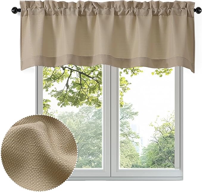 OWENIE Bob Valance Curtains 18 Inch Length 1 Piece, Faux Linen Slub Solid Camel Kitchen Valance for Bedroom Living Room, Farmhouse Soft Airy Rod Pocket Small Window Curtain, Each 60Wx18L Inch