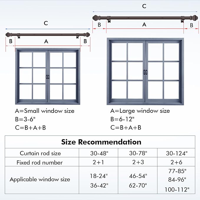 Curtain Rods for Windows 36-48 inch, 5/8 inch Bronze Curtain Rod with Classic Finials Adjustable by Splicing for Bedroom Kitchen Study Living Room