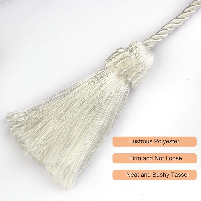 Fenghuangwu Curtain Tiebacks Handmade Decorative Curtain Holdbacks Rope with Tassel (White, 2P)