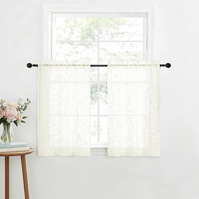 OWENIE Furman Cafe Curtains 30 Inch Length 2 Panels Set, Elegant Geometric Jacquard Short Sheer CurtainsTiers for Kitchen/Living Room/Bedroom Small Window 28" W x 30" L, Dusty Blue
