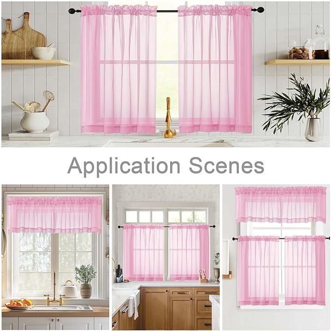 Pink Valances for Windows, Pink Sheer Curtains 14 Inch Length 2 Pack Kitchen Curtain, Modern Solid Mini Small Window Curtains for Cafe Bathroom Basement, Pink, Each 42" Wx14 L Inches