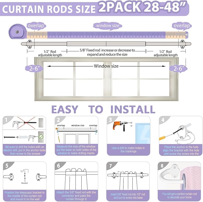 TVWOO 2 Pack Wrap Around Curtain Rods,White Curtain Rods 28 to 48 Inch,5/8 Inch Adjustable Blackout Curtain Rod Set with Bracket,Room Darkening Window Rod,Metal Hidden Curved Drapery Rods 28-48",White