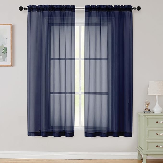 Sheer Navy Blue Curtains for Bedroom Living Room 63 Inch Length 2 Panels, Airy Soft Light Filtering Sheer Dining Room Curtains, Modern Rod Pocket Drapes, Navy Blue, Each 42" Wx63 L Inches