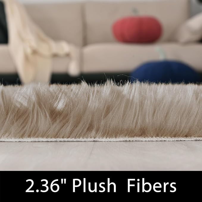 Latepis Throw 2x6 Rug Runner Light Brown Faux Fur Rug Washable Shaggy Rug Fluffy Plush Soft Rugs for Living Room Bedroom Dorm Floor Sofa Furry Beige