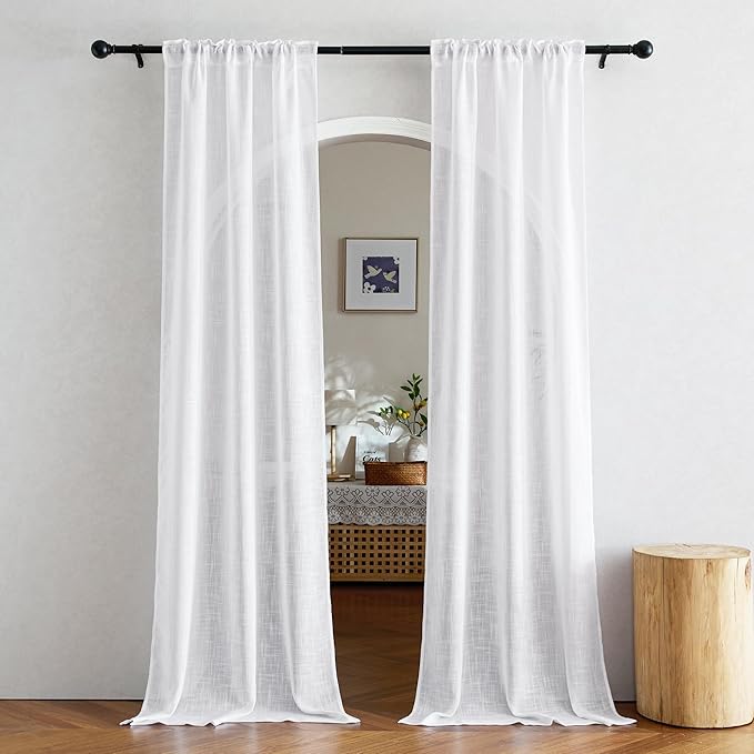 NICETOWN White Doorway Curtains 80 inches Long, Rod Pocket & Back Tab Semi Sheer Faux Linen Privacy with Light Filtering Window Treatments for Bedroom/Living Room, 2 Panels, W34 x L80