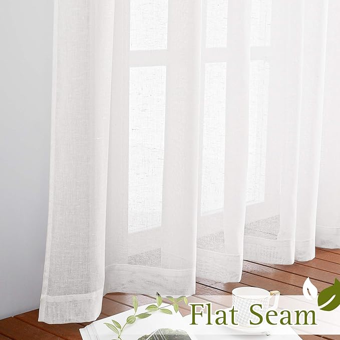 NICETOWN White Flax Linen Sheer Bedroom Curtains Grommet, Decorative Window Treatment Draperies Privacy with Light Through for Kitchen/Nursery/Bathroom,W52 x L54, Sold as 2 Panels